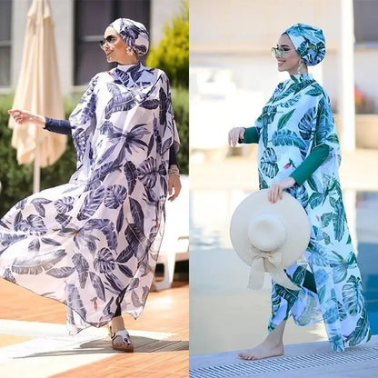 Two women wearing elegant 4PCS Burkini Swimwear with tropical prints, showcasing modest beach-style outfits by the poolside.