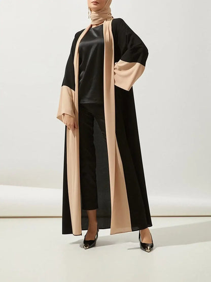 Casual Middle East women dress, black and beige abaya, polyester, broadcloth, slight stretch, regular fit, suitable for all seasons.