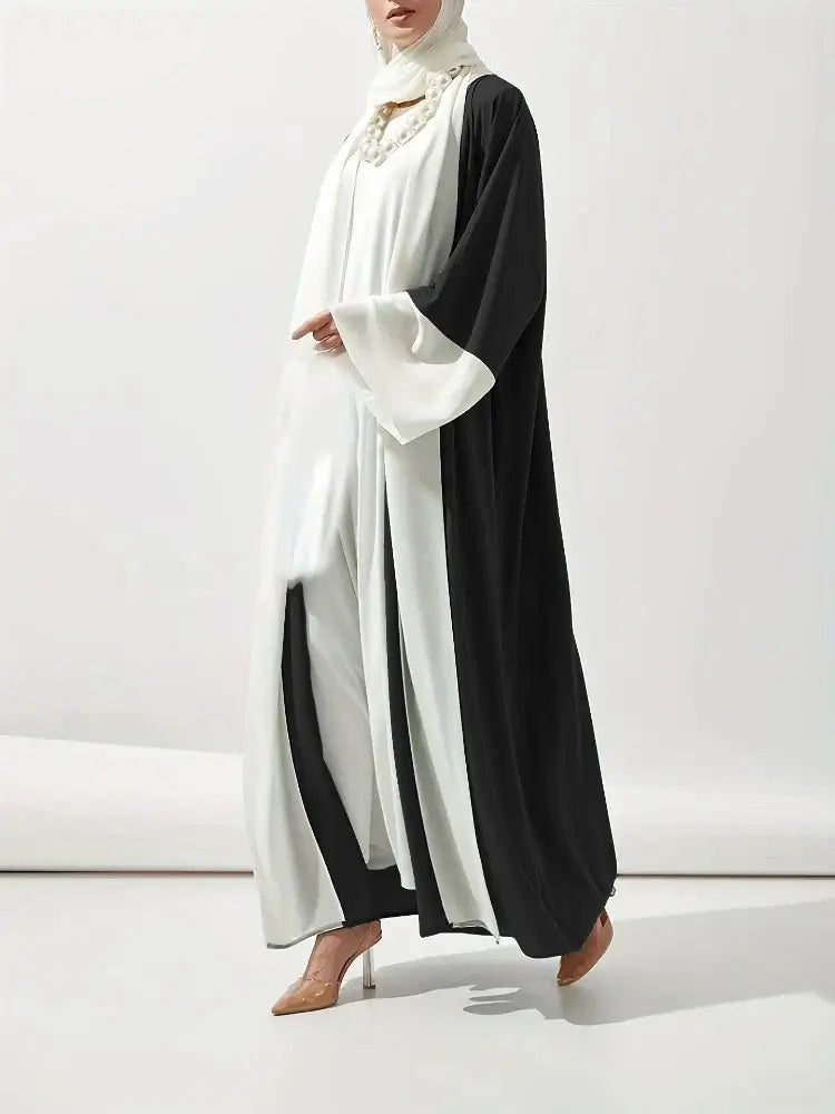 Hooded Abaya with Scarf in Black and White for Autumn/Winter - Medium Stretch Broadcloth Fabric - Gorgeous Party Style for Middle Age Women