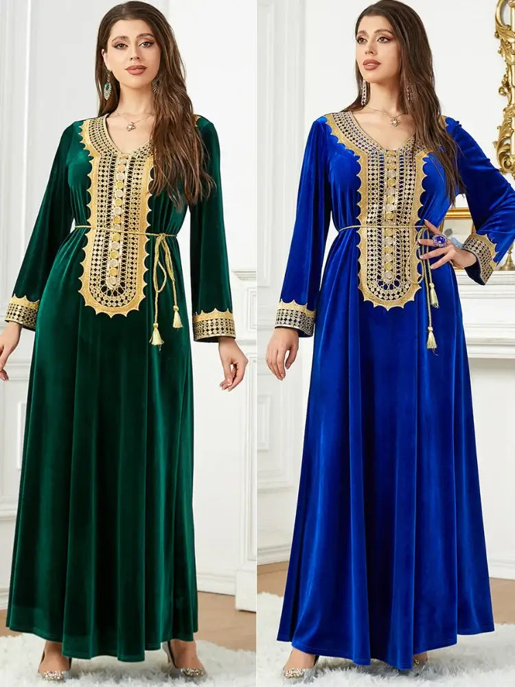 Women wearing Morocco Party Velvet Dresses in green and blue with lace-up detailing, perfect for autumn and winter elegance.