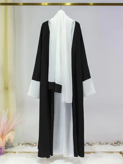 Hooded Abaya with white scarf in medium stretch broadcloth fabric for autumn/winter party style