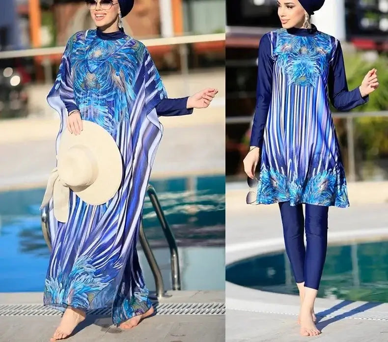 4PCS Burkini Swimwear in blue with digital print, designed for middle-aged women, showcasing modesty and style by the pool